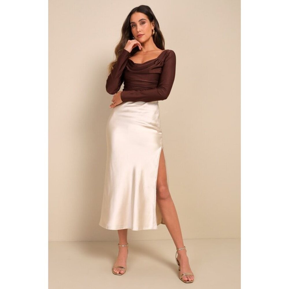 Lulus Chic Wishes Champagne Satin Midi Skirt Beige - Size XS